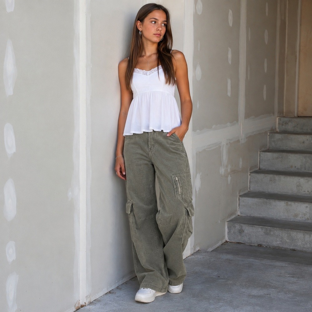 Angel Kiss Cargo Pants Women 1/25 Olive Green‎ Corduroy Wide Leg 79374JC0084RJ